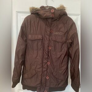 Roxy women’s Chocolate Brown Puffer Jacket with faux fur hood